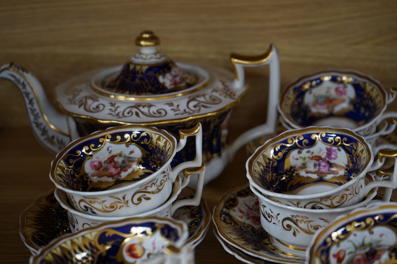 An early 19th century English porcelain London shape part tea set. Condition - varies